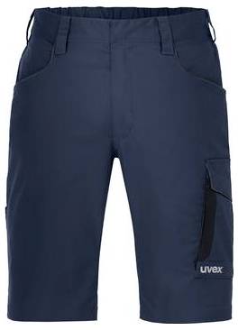 Marinblåa arbetsshorts med flera fickor och en "uvex"-logotyp på nedre högra benet.