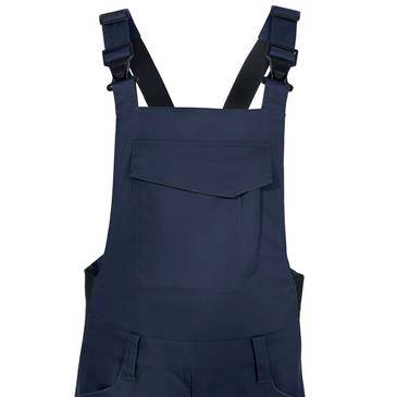 Marinblå skyddsförkläde med justerbara axelremmar och en framficka på vit bakgrund.