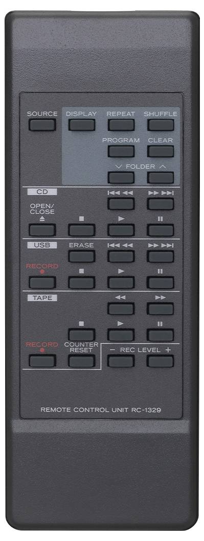 Mörkgrå fjärrkontroll märkt "REMOTE CONTROL UNIT RC-1329" med många uppspelnings- och inspelningsknappar för CD, USB, kassett och inspelning.