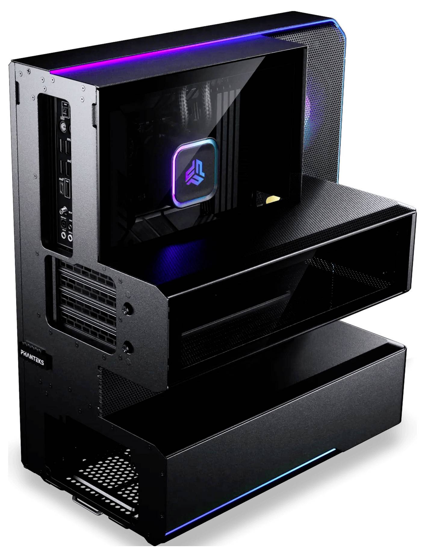 Svart modulärt gaming-PC-hölje med staplade fack, RGB-belysning och transparent sidopanel som visar en upplyst intern logotyp.