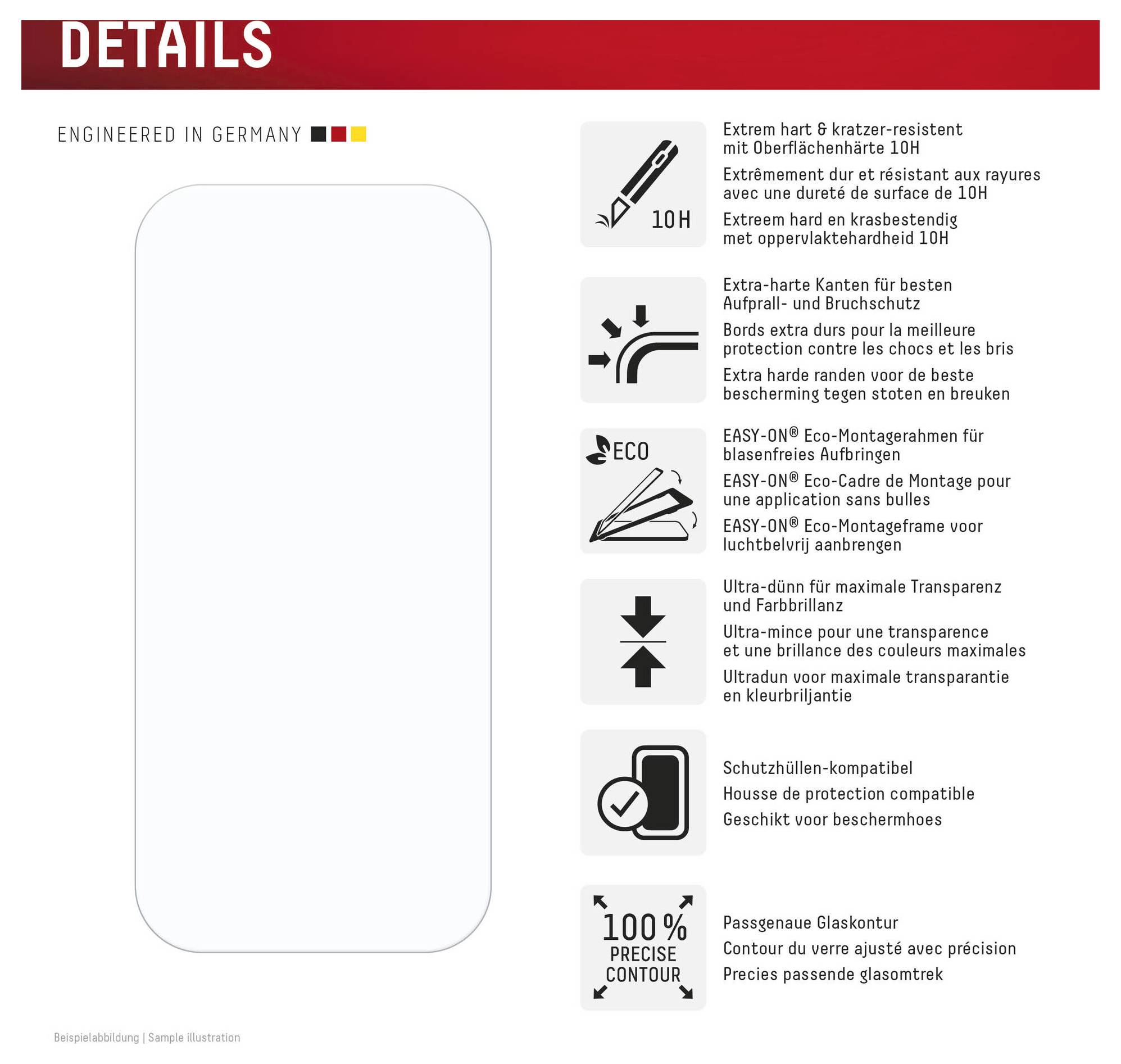 Produktdetaljsida som visar en tom skärmskydd för telefon, märkt med 10H repskydd, förstärkta kanter, miljövänlig monteringsram, ultratunt genomskinlighet, etuikompatibilitet och exakt passform.