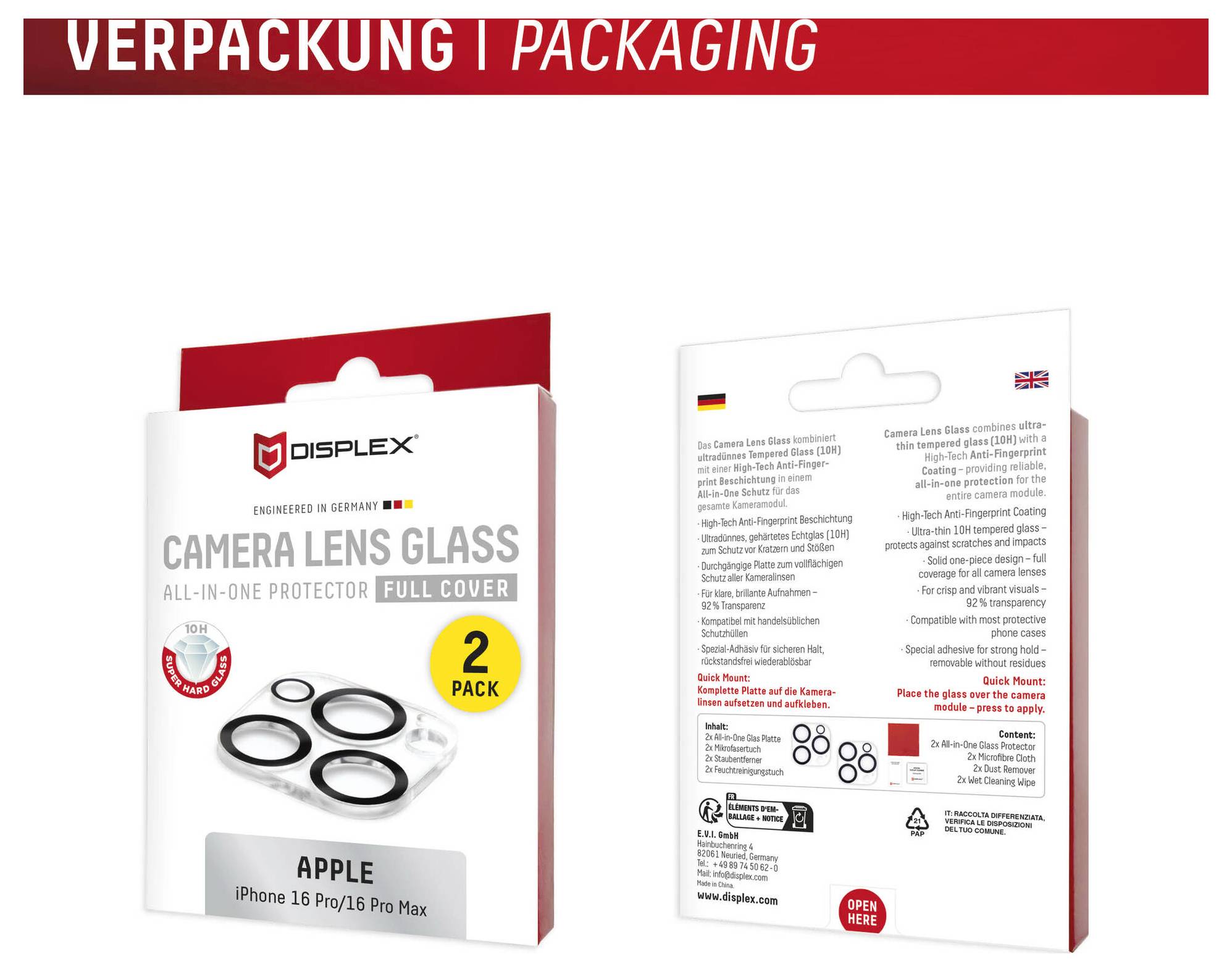 Produktförpackning för DISPLEX kameralinsglas allt-i-ett-skydd, fram- och baksida visad, märkt 2-pack för Apple iPhone 16 Pro/Pro Max.