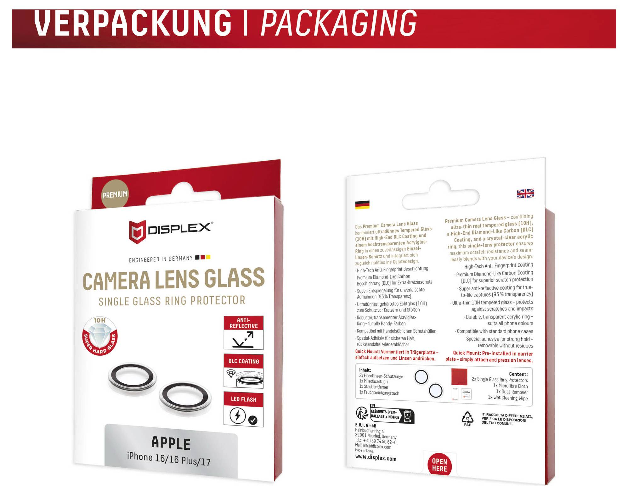 Förpackningsdesign för DISPLEX kameralinsglas einzelglasring skydd för Apple iPhone 16/16 Plus/17, visar framsida och baksida av lådan.