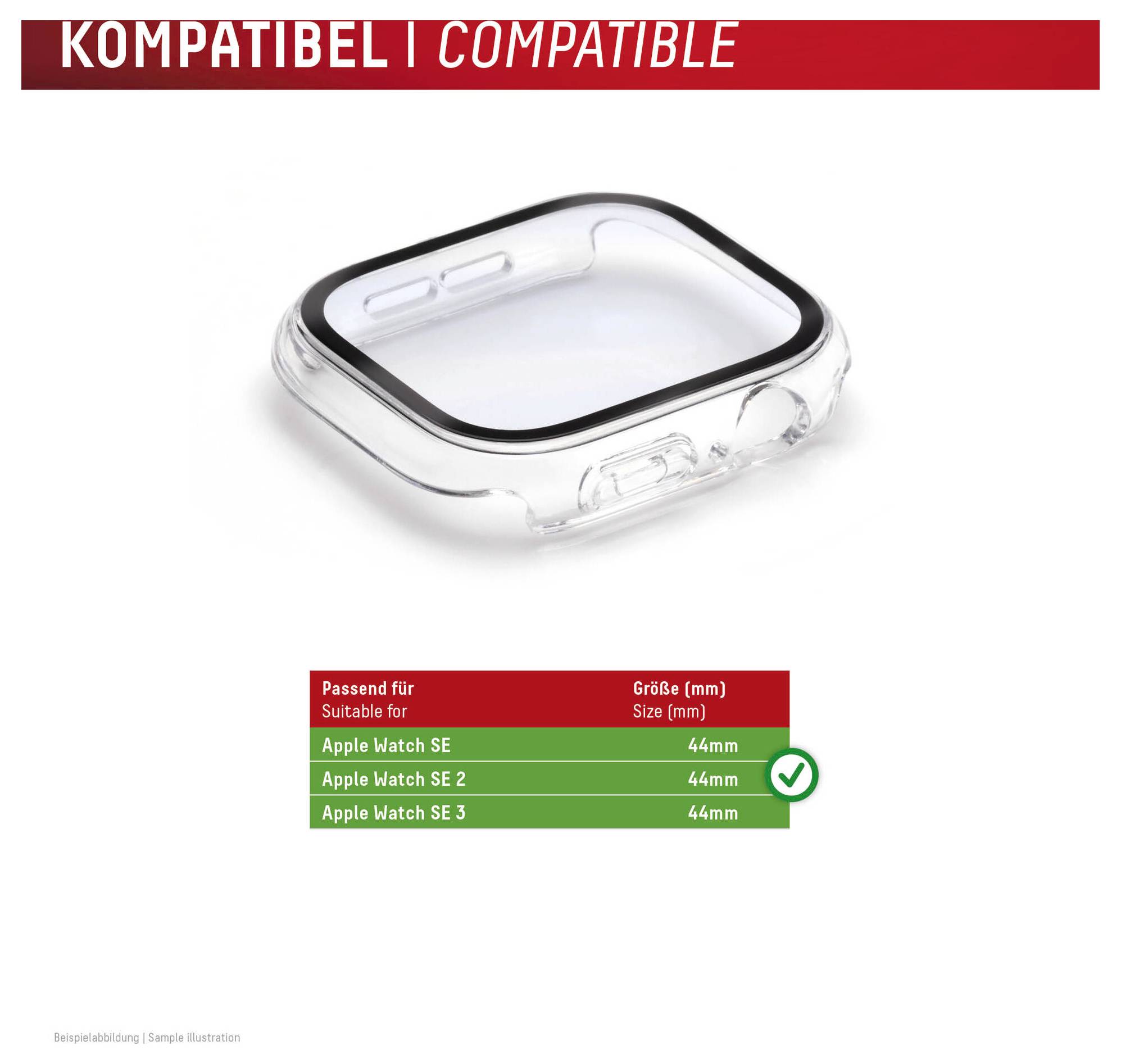 Transparent skyddsväska märkt kompatibel med Apple Watch SE, SE 2 och SE 3, alla 44 mm.