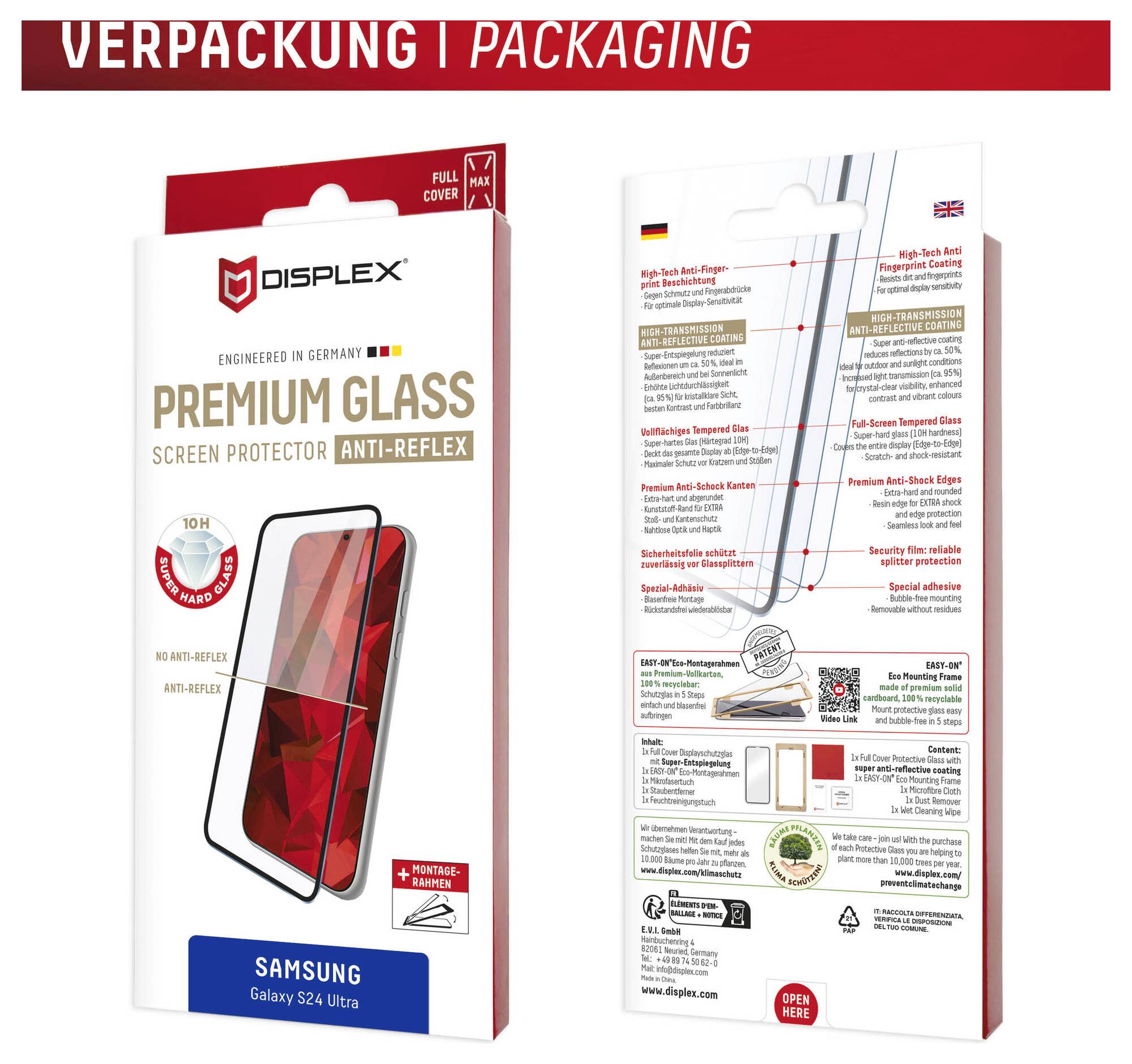 Förpackning för DISPLEX Premium Glass anti-reflex skärmskydd för Samsung Galaxy S24 Ultra, visad framsida och baksida på lådan.