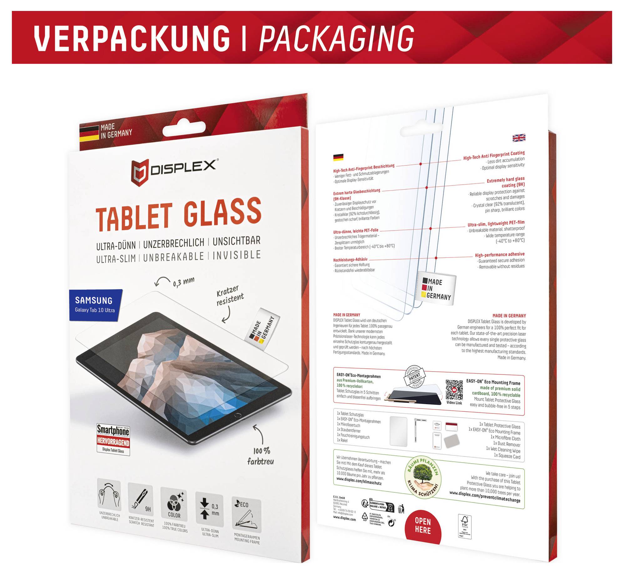 Förpackning för Displex "Tablet Glass" skärmskydd, som visar framsida och baksida av lådan för Samsungs surfplattor med produktfunktioner och installationsdetaljer.