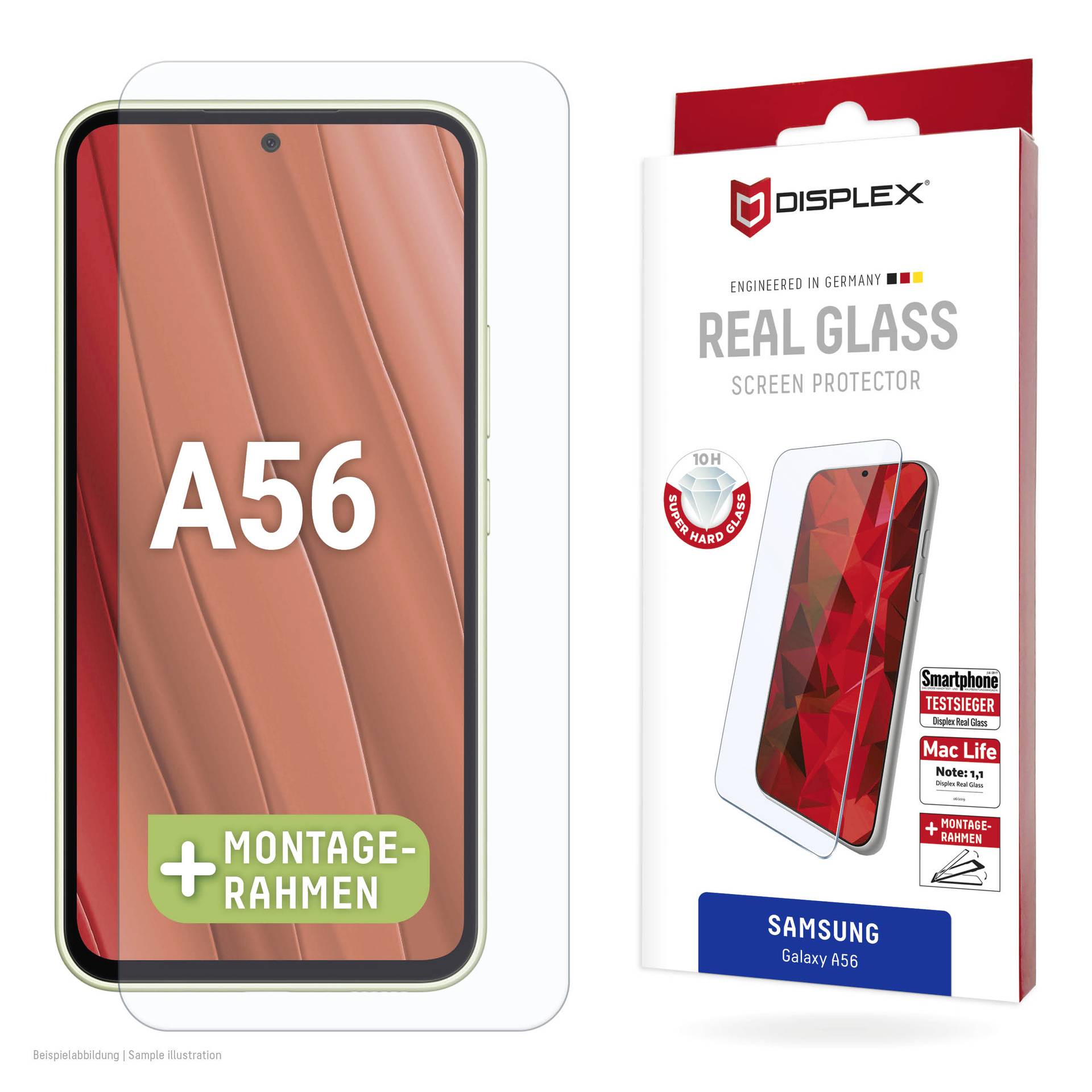 Samsung Galaxy A56 skärmskydd paket som visar en telefonmodell med "A56" och Displex "Real Glass" skyddsbox.