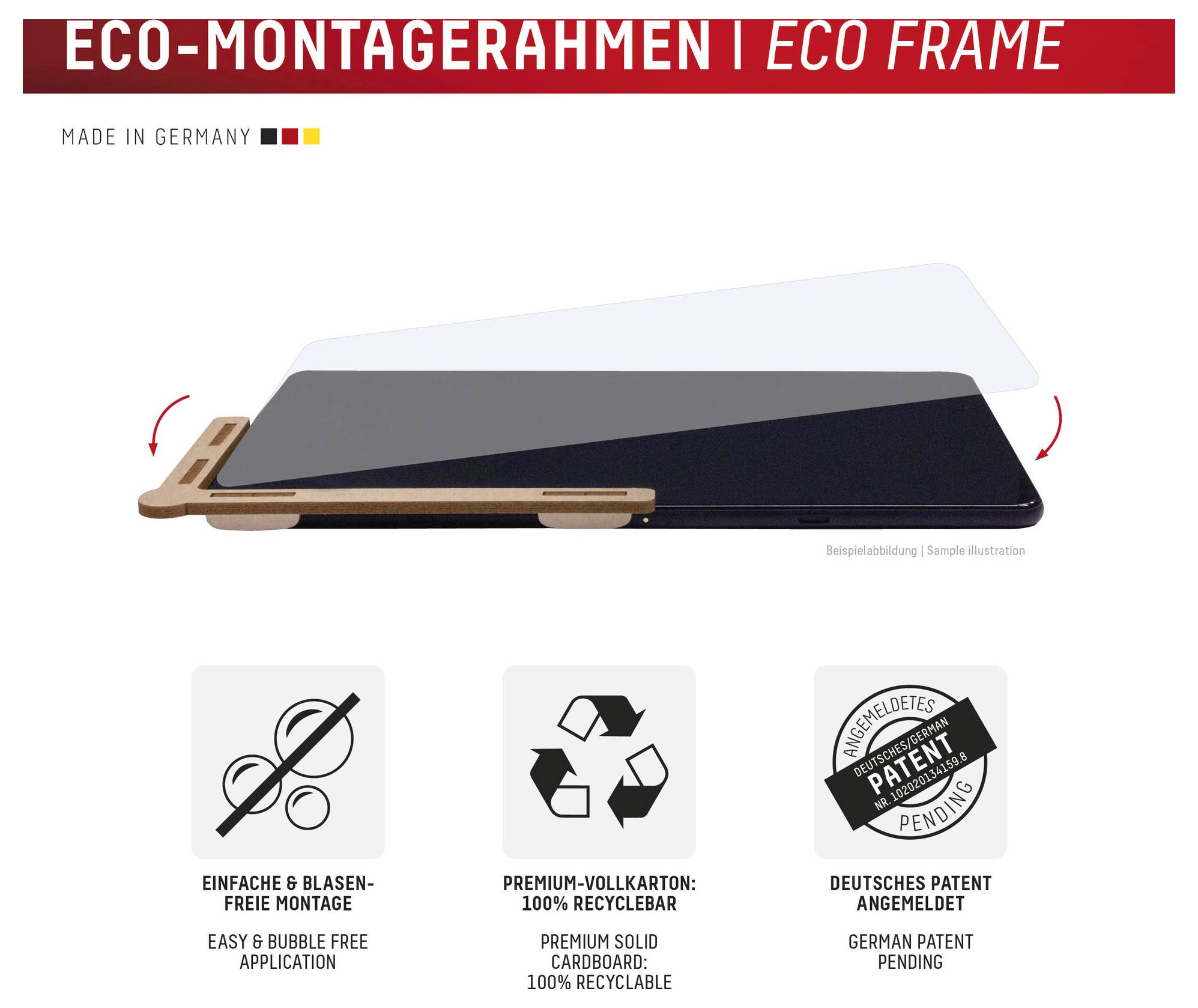 Monteringsdiagram för eco-ram som visar en träramen och lagrat panel med pilar, plus ikoner för enkel bubbelfriad applicering, 100% återvinningsbar kartong och tyskt patent väntar.