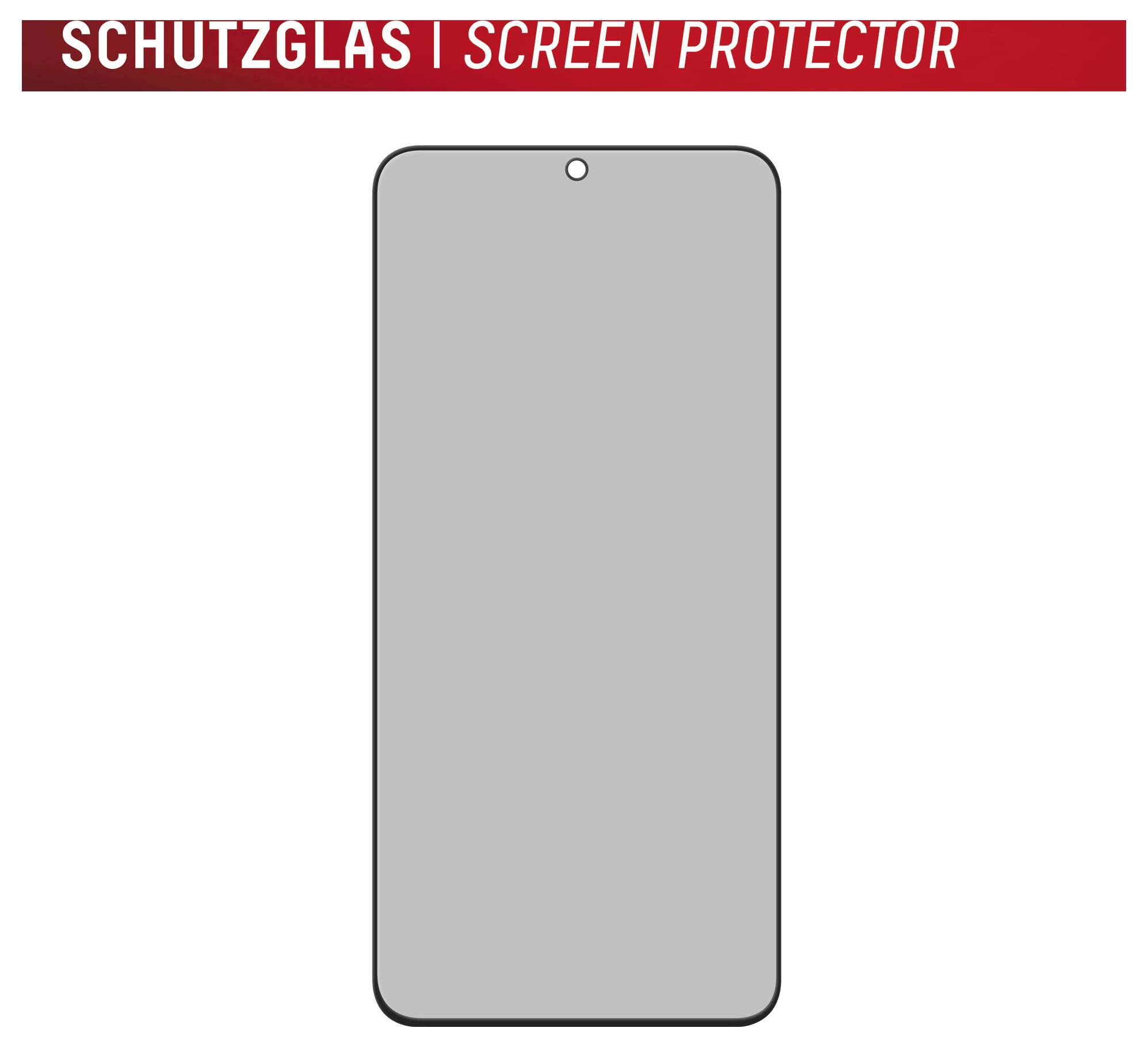 Skärmskydd för en smartphone, visas som en grå rundad rektangel med en liten främre kameraöppning och texten "SCHUTZGLAS | SCREEN PROTECTOR" överst.