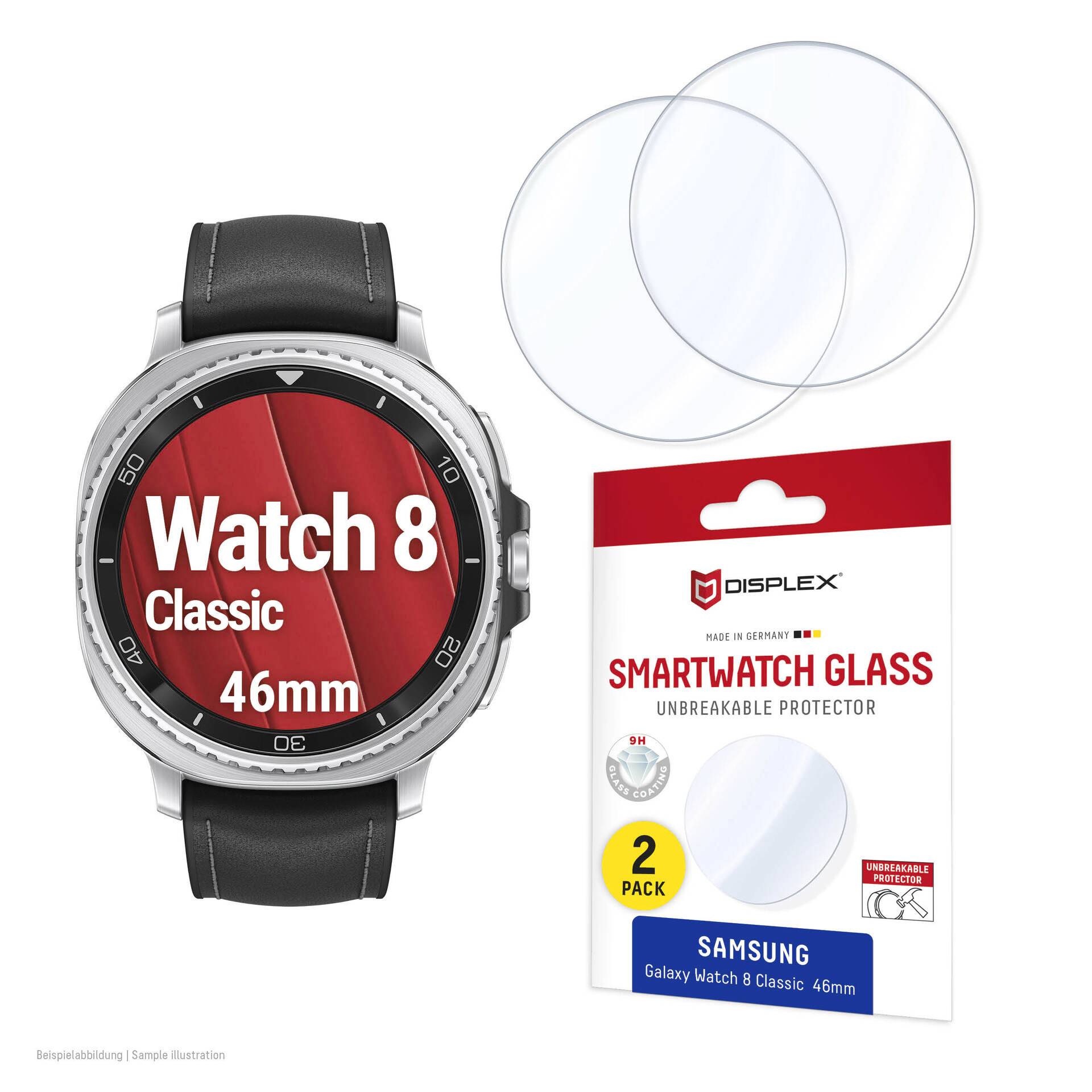 Samsung Galaxy Watch 8 Classic 46mm med två klara runda skyddsfilmer för skärm och DISPLEX Smartwatch Glass 2-pack förpackning.