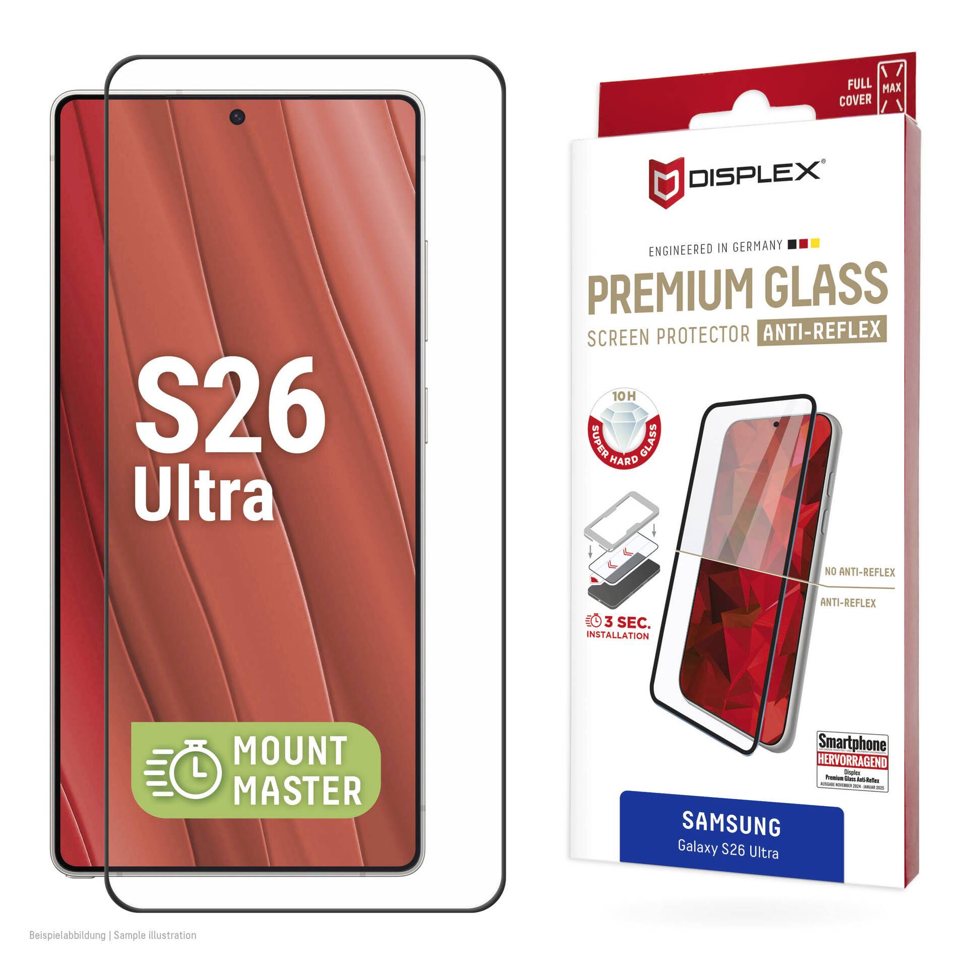 Samsung Galaxy S26 Ultra skärmskyddspacke med fullöverläggande premiumglas anti-reflekterande skydd med installations- och passningsdiagram.