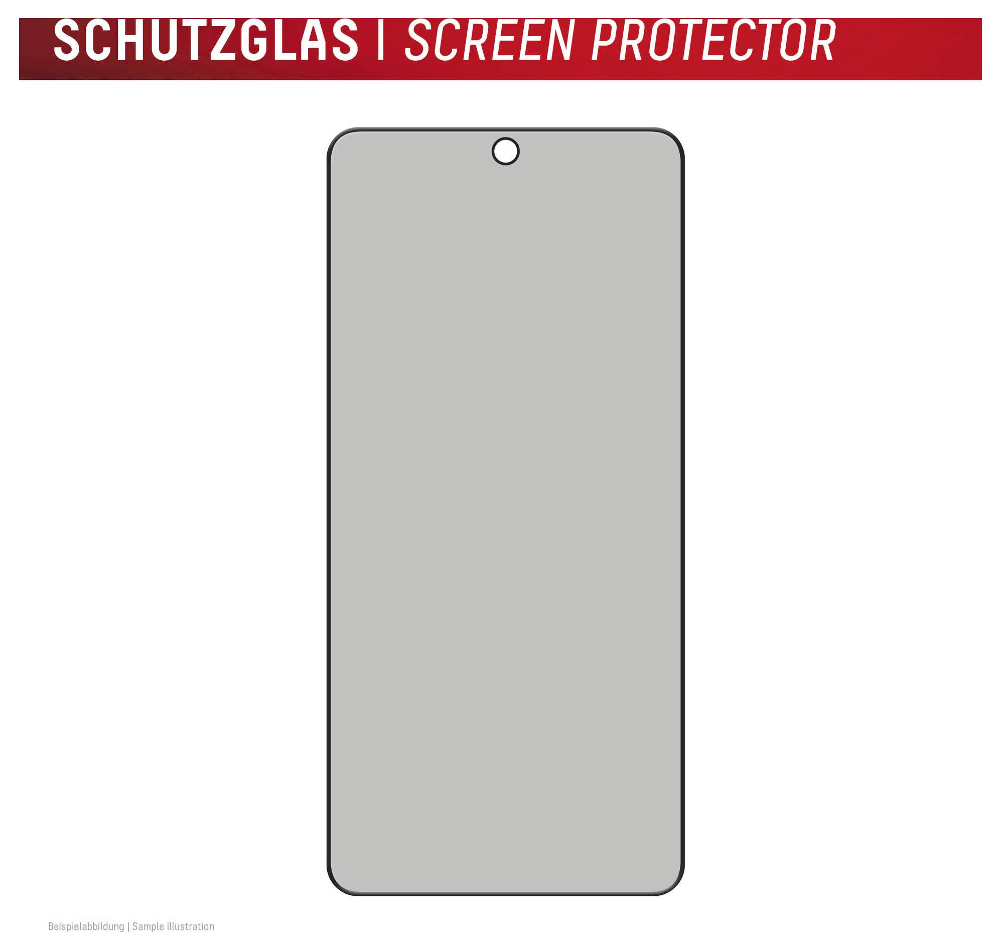 Illustration av en smartphoneskärmskydd med en centrerad kamerasnepp, märkt "SCHUTZGLAS | SCREEN PROTECTOR" överst.