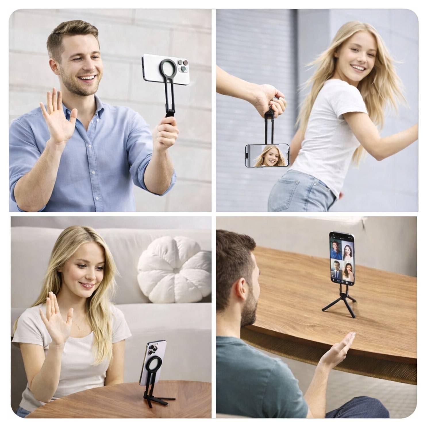 Fyrpanelsbild av människor som videochatttar på smartphones monterade på små ställningar, leende och vinkande inomhus.