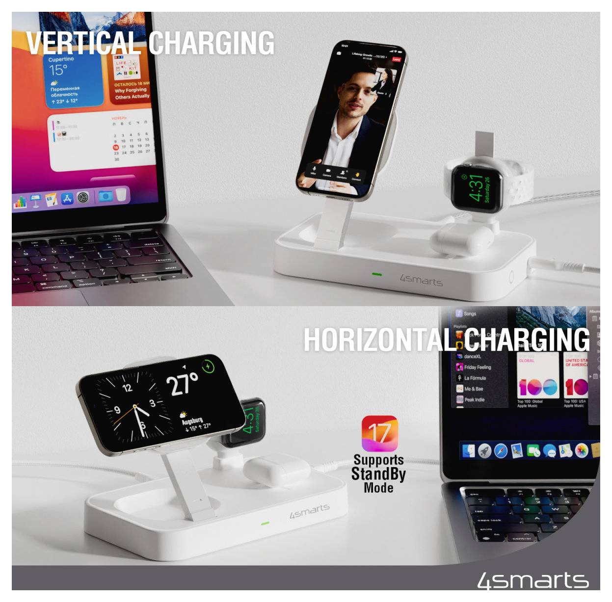 Marknadsföringsbild av en 4smarts laddningsdocka som visar vertikal och horisontell trådlös laddning för en iPhone och Apple Watch, med texten "Stöder StandBy-läge".