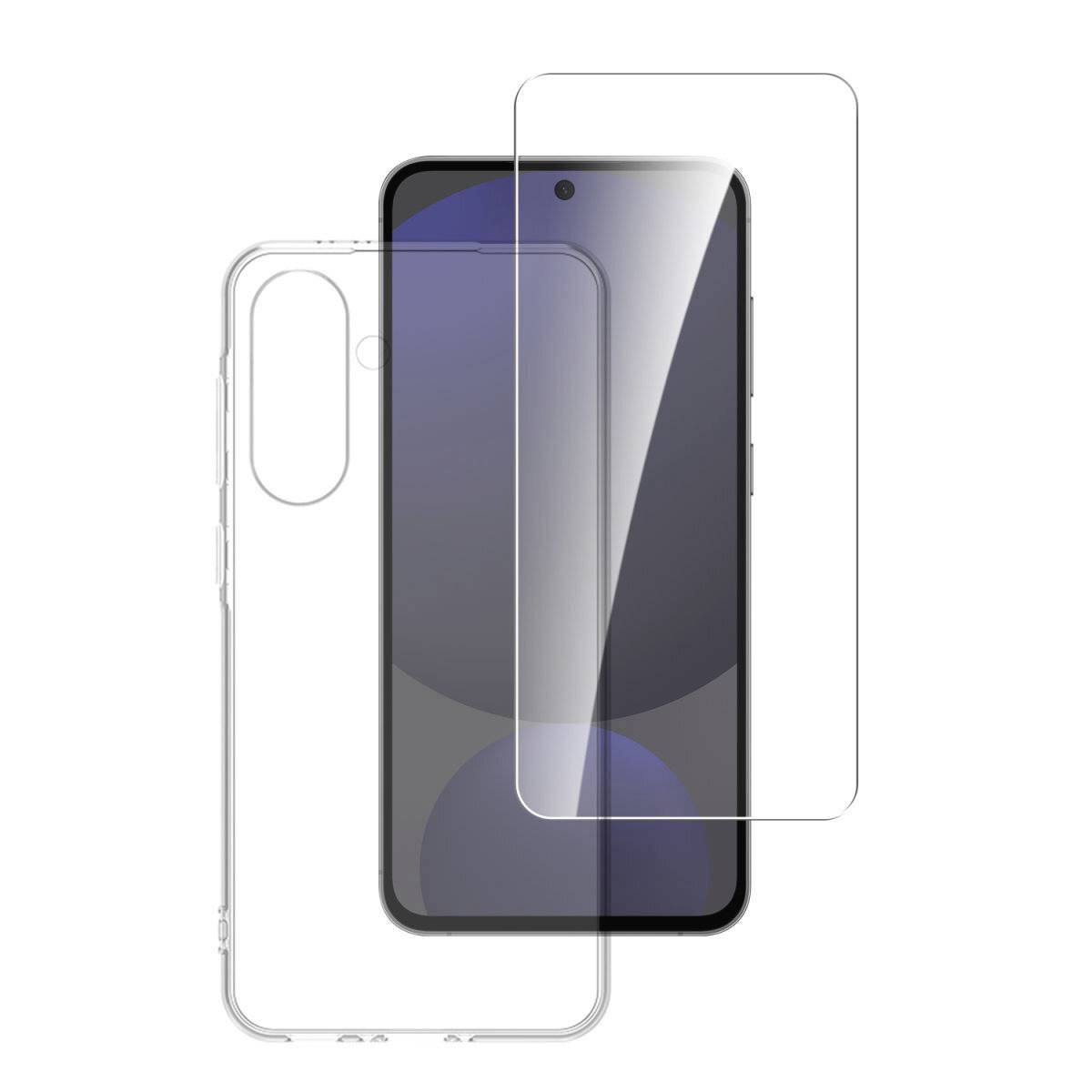 Smartphone med ett transparent skyddsfodral och en klar skärmskydd lagrat över framsidan, visad på en vit bakgrund.