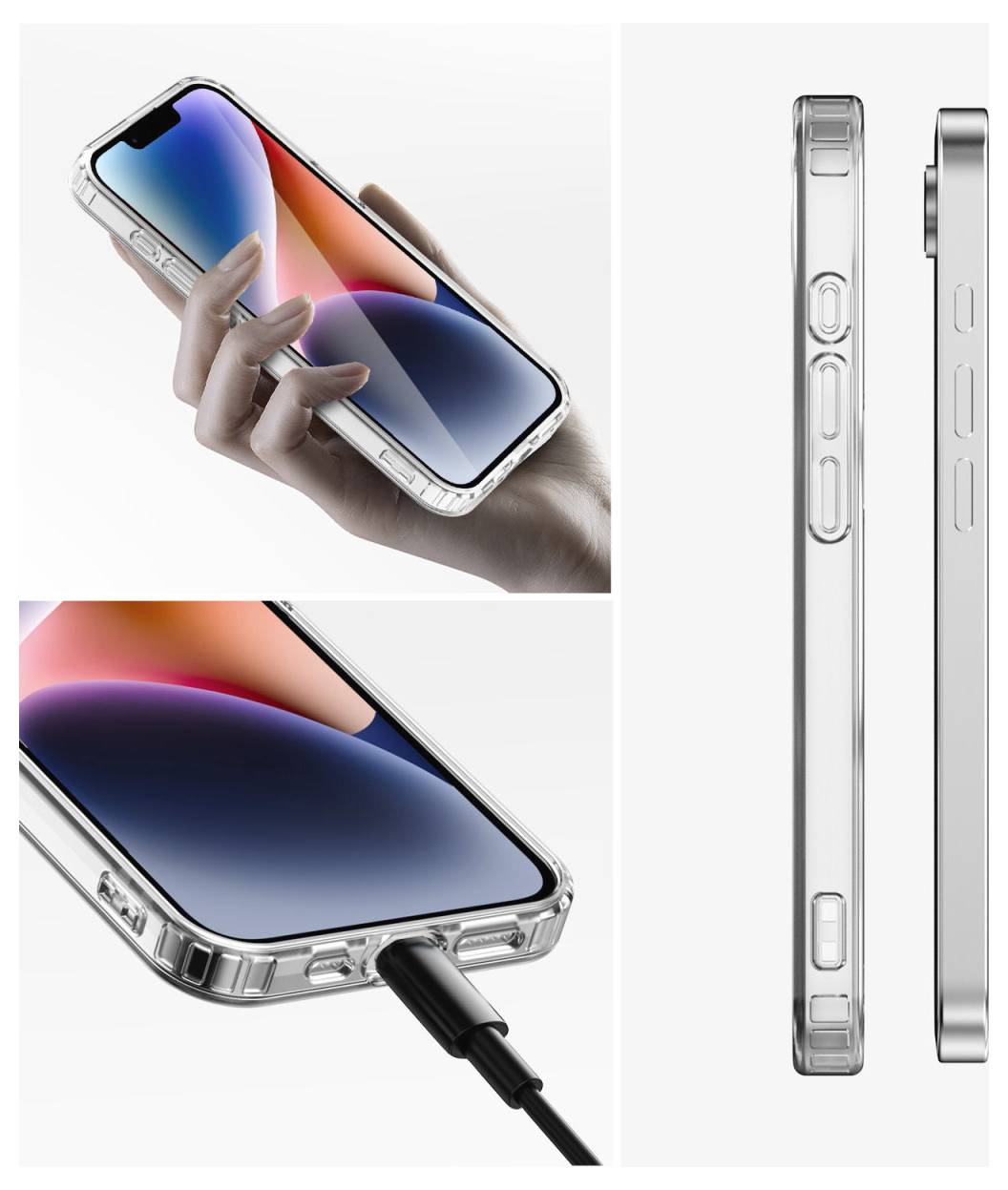 Kompositproduktbild av ett genomskinligt telefonetui på en smartphone, som visar att det hålls i handen, laddas via bottenporten och sidoprofilen med knappskärningar och upphöjda kanter.