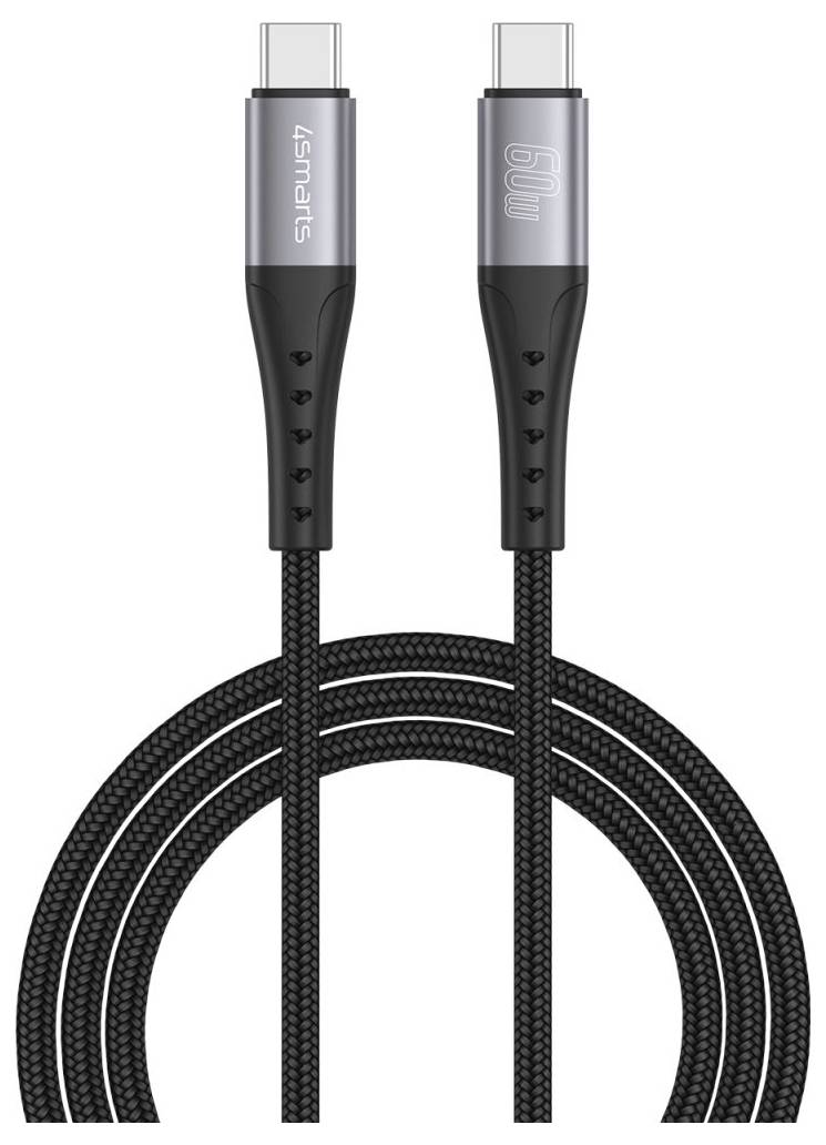 Flätad USB-C till USB-C laddningskabel med två svarta kontakter, visas rullad på en vit bakgrund.