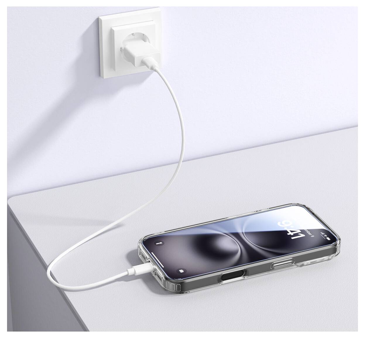 Smartphone laddar på ett skrivbord, anslutet via en vit kabel till ett väggkontakt för ström.