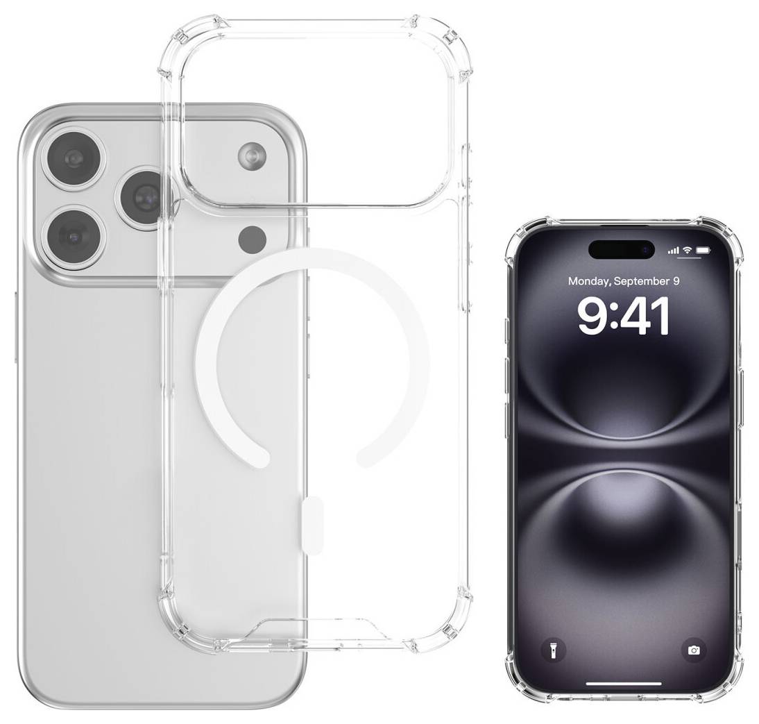 Tre iPhones visade sida vid sida: baksidan av en silvertelefon, ett transparent skyddsfodral centrerat och en frontvy av en telefon med låsskärmen 9:41.