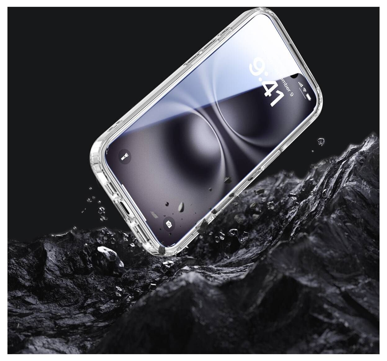 En transparent smartphone med ett genomskinligt skal stänker genom mörkt vatten, vilket betonar en robust, vattentät design.
