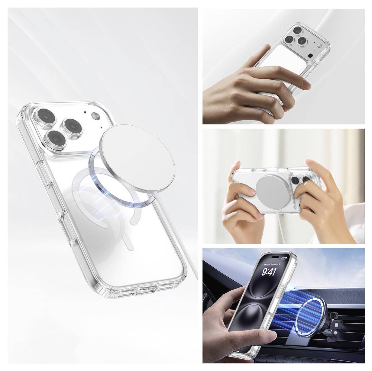 Kollage som visar ett genomskinligt telefonetui med en magnetisk ringfäste, plus närbilder av händer som använder det för att fästa en telefon på ett stativ och en bilkontrollpanelshållare.