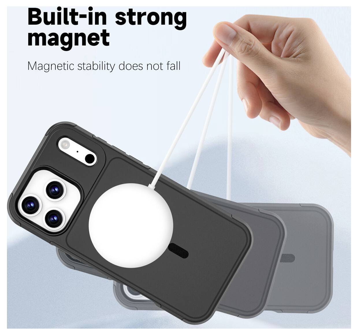 Hand som håller en telefon med ett magnetiskt skal och ring, visar "Inbyggd stark magnet" och "Magnetisk stabilitet faller inte" för säker fäste.