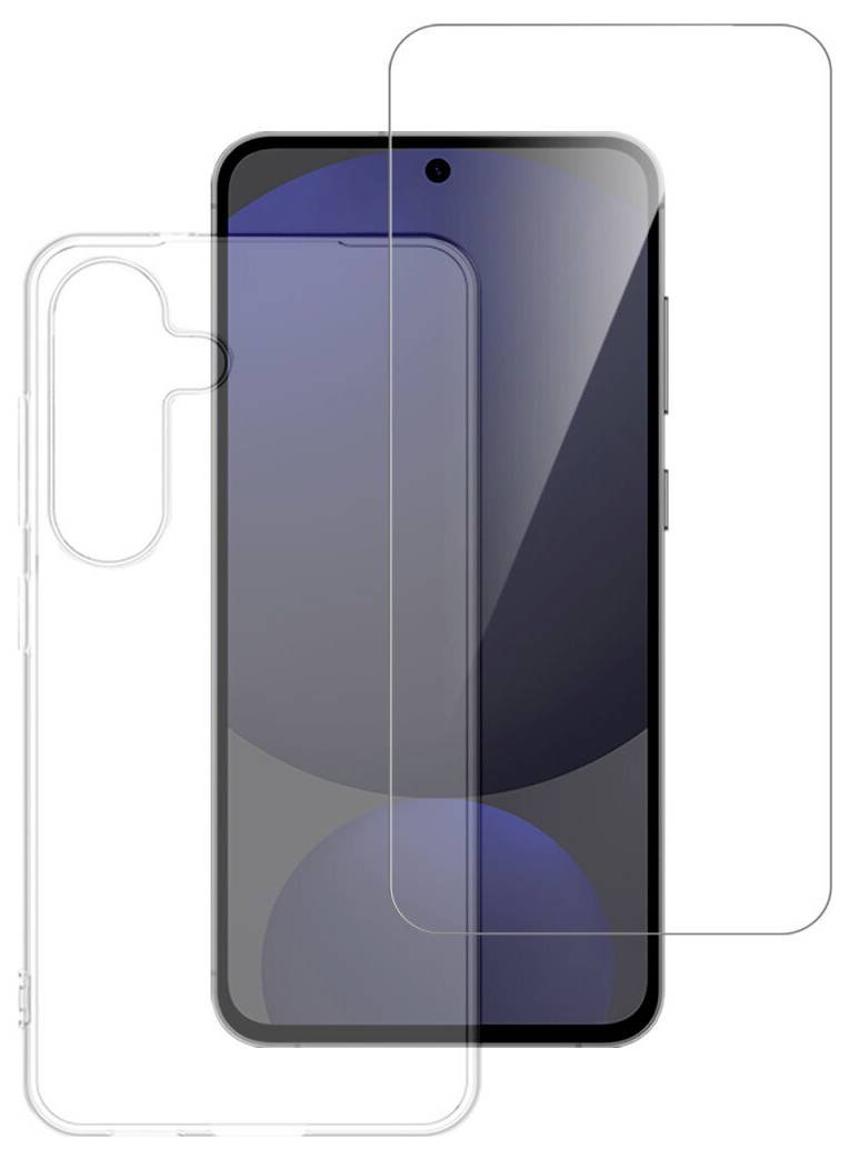 Smartphone visad framifrån med två transparenta skyddskal överlagrade, som illustrerar skalkpassning och skärmtäckning.