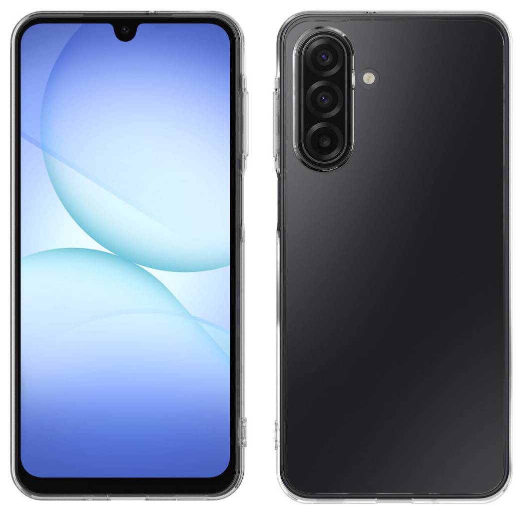 Front- och baksida av en svart smartphone med en tårformadig displaykärva och trippla bakkameror.