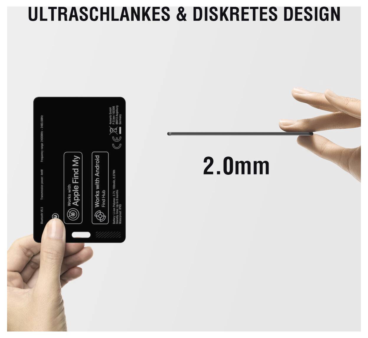 Promotionsgrafik som visar en ultratunna svart kortspårare, märkt 'ULTRASCHLANKT & DISKRET DESIGN' och '2.0mm', hållen mellan händer för att betona dess smala profil.