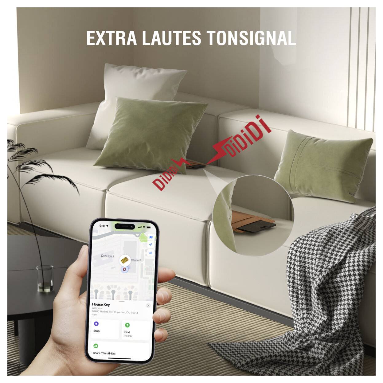 Vardagsrummet säkerhetskoncept med en smartphoneapp som visar en "Husnyckel" och röda "DINGDING"-varningar; texten lyder "EXTRA STARKT LJUDSIGNAL".