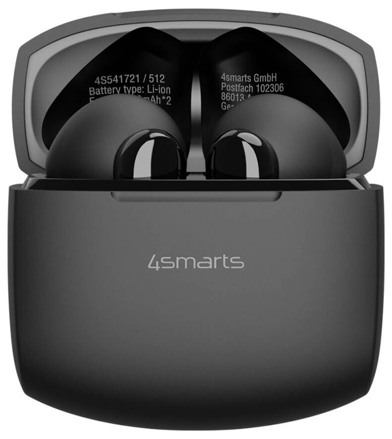 Öppnat laddningsfodral med två svarta trådlösa öronsnäckor märkta "4smarts", visar batteri och tillverkartext på insidan av locket.