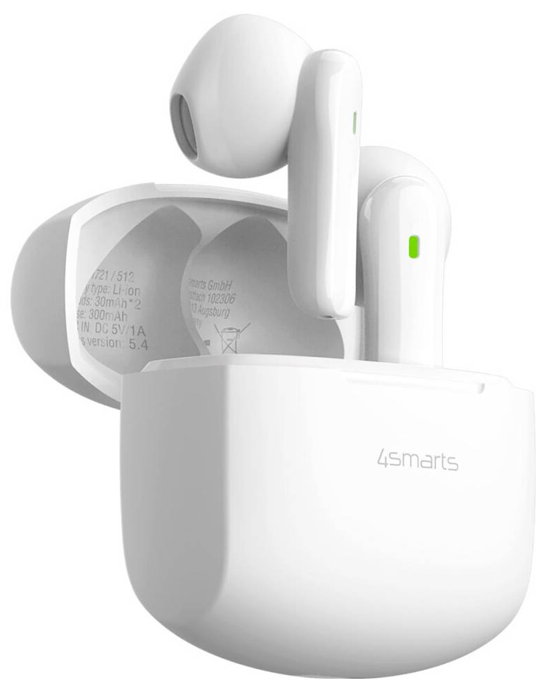 Vita trådlösa öronsnäckor i ett öppet laddningsväska, visar gröna batteriinickeringar och "4smarts"-logotypen.