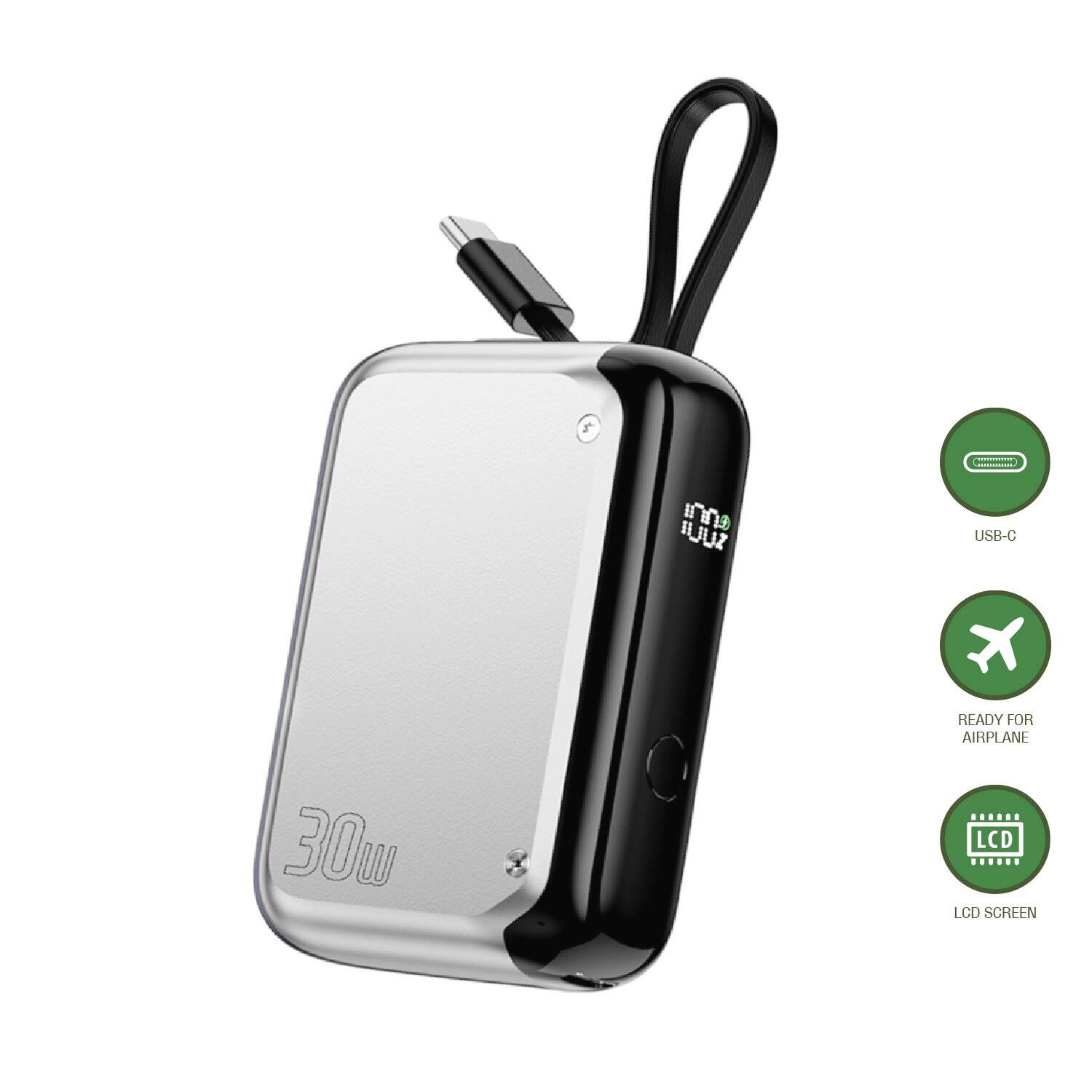 Portabel 30W powerbank med inbyggd kabel, USB-C, klar för flygresa och LCD-skärm visad på vit bakgrund.