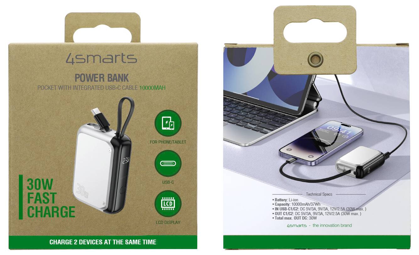 Förpackning för en 45smarts 10 000 mAh powerbank med integrerad USB-C-kabel, visas laddar en telefon och en bärbar dator; framhäver 30W snabbladdning och laddning av 2 enheter samtidigt.