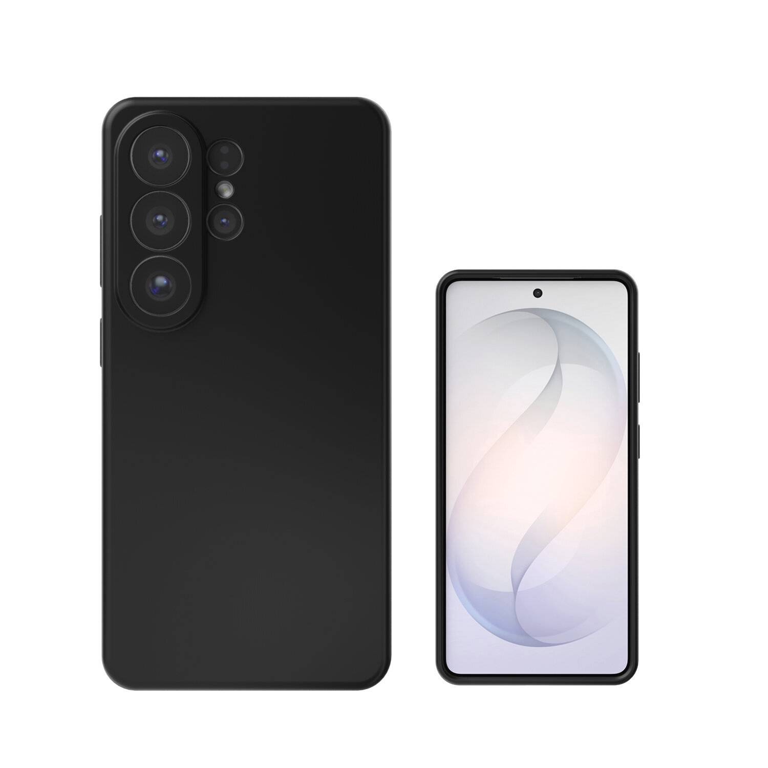 Svart smartphone visad från fram och bak, med trippelkameror på baksidan och en centrerad punch-hole-display på framsidan.