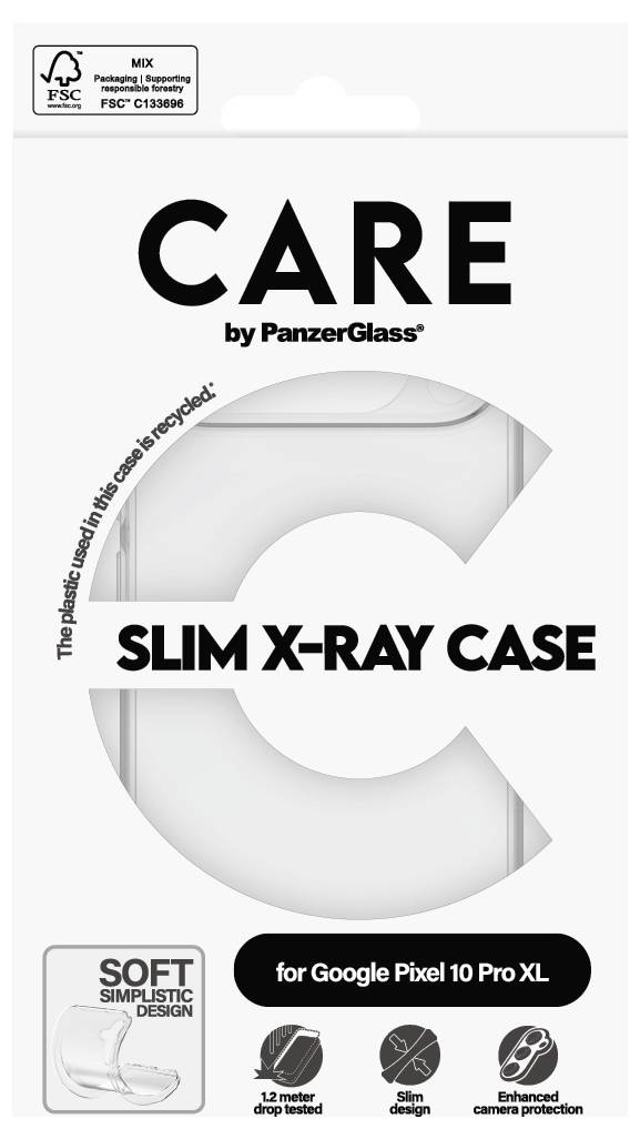 Förpackning för "CARE" av PanzerGlass Slim X-Ray Case för Google Pixel 10 Pro XL, med mjuk stötdesign och skyddsikoner.