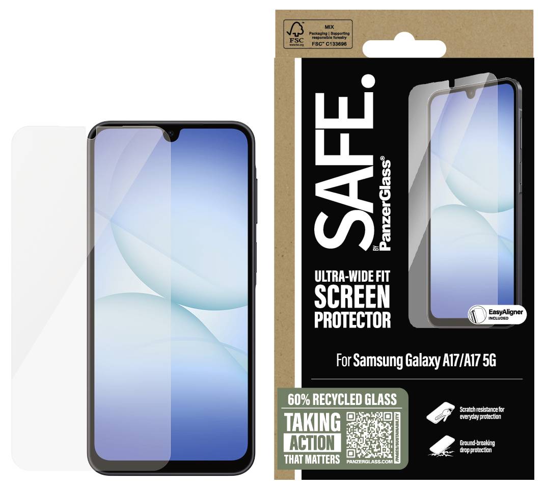 Samsung Galaxy A17/A17 5G skärmskydd paket med en illustrerad telefon, märkt med "SAFE" och "Ultra-wide fit skärmskydd" med 60% återvunnet glas.