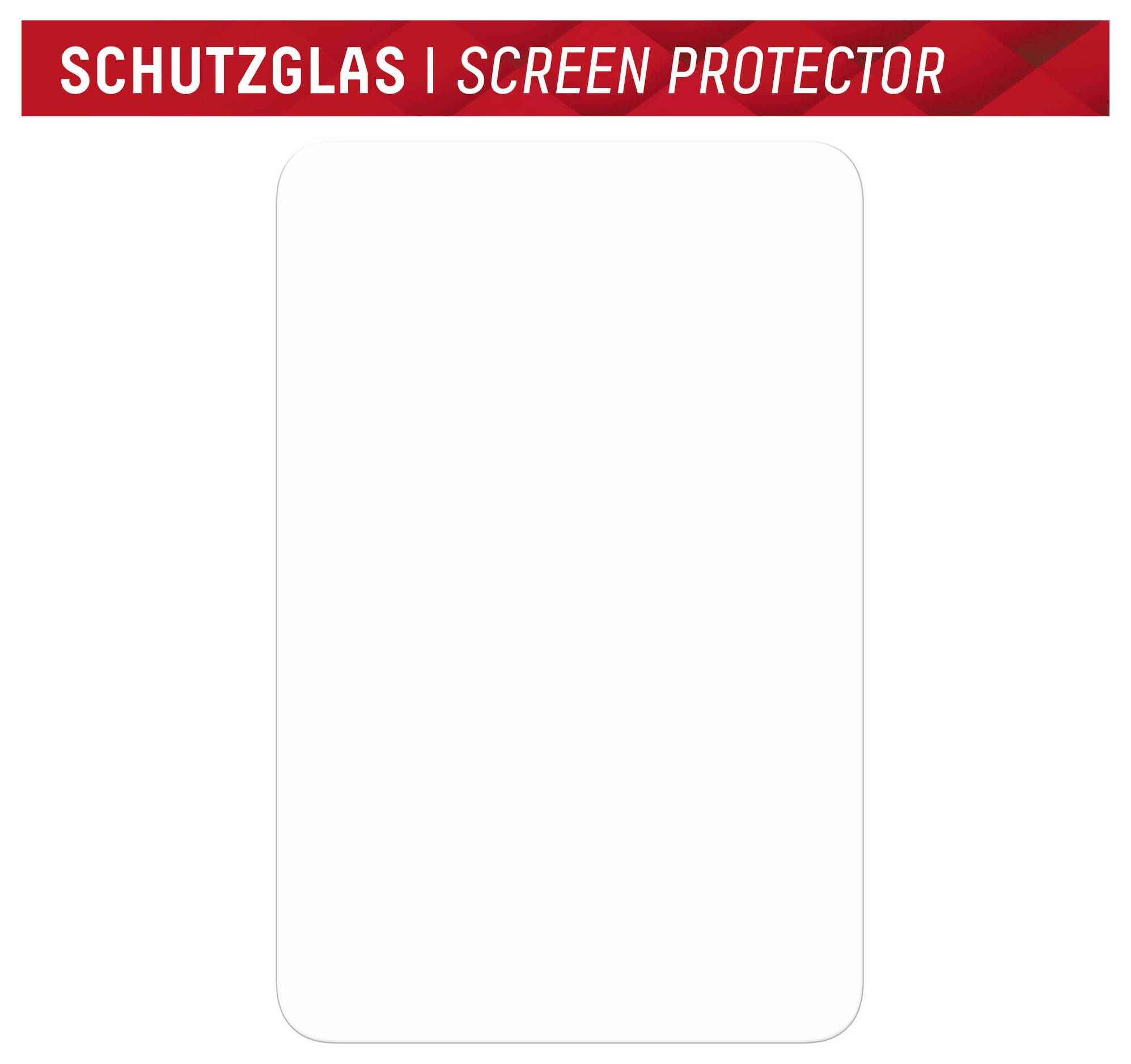 Tom transparent skärmskydd med röd banderoll med texten "SCHUTZGLAS | SCREEN PROTECTOR" ovanför en rundad rektangulär kontur.