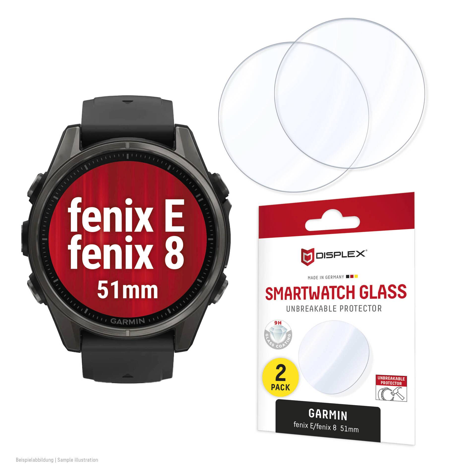 Garmin fēnix E/fēnix 8 51mm smartwatch med två genomskinliga skärmskyddsfilmer och förpackning märkt 'SMARTWATCH GLASS' och '2 PACK'.