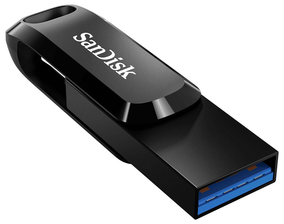 Svart SanDisk USB-flashenhet med en blå USB 3.0-anslutning, visad på en vit bakgrund.