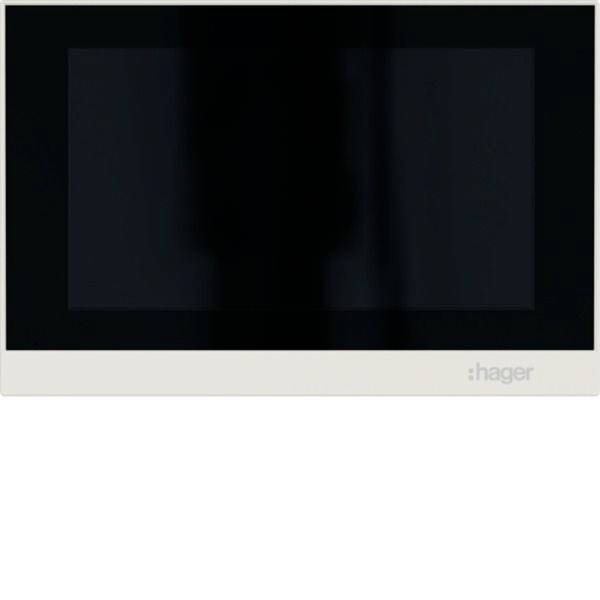 Black Hager två-vägs väggströmbrytare eller uttag med frontplatta med beige kant och logotyp i nedre högra hörnet