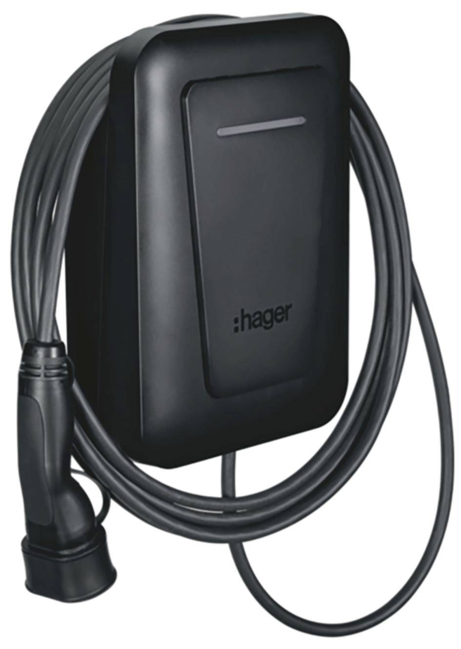 Black Hager EV-laddväggbox med ansluten kabel och kontaktuttag på vit bakgrund.