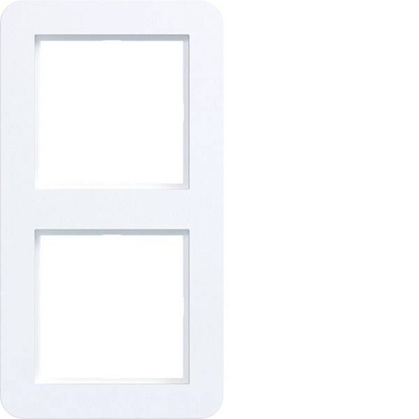 Minimalistisk vit rundad rektangulär ram med två tomma kvadratiska utskärningar staplade vertikalt, som liknar en bild- eller mallayout.