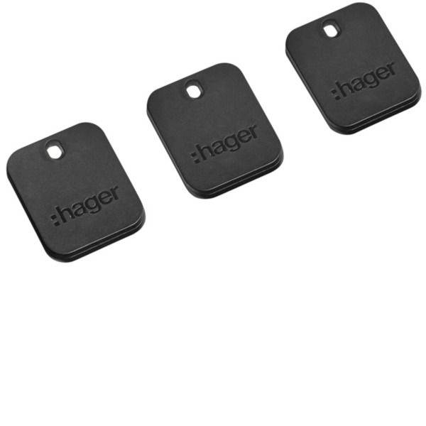 Tre svarta Hager-plastiknyckelbrickor med hål, visade på en vit bakgrund.
