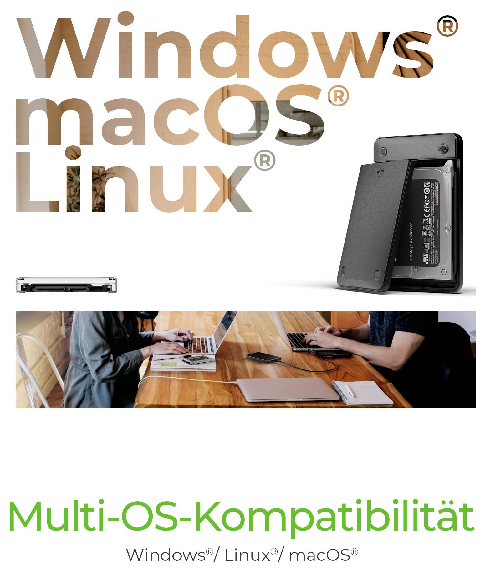 Marknadsföringsgrafik för multi-OS-kompatibilitet, som visar Windows, macOS och Linux-logotyper, en maskinvaruenhet och personer som arbetar på bärbara datorer, med texten "Multi-OS-Kompatibilitet"