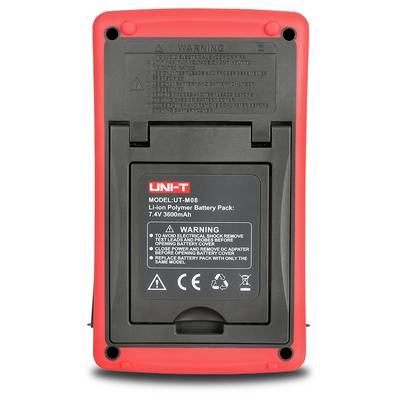 Baksidan av en röd handhållen mätare med ett svart litiumjon-batteripaket utformat som är märkt 'UNI-T' och varningsinstruktioner.