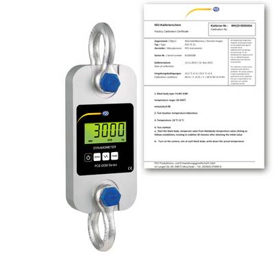 Digital dynamometer med en 3000 kg-display och hängande shackles bredvid ett fabrikskalibreringscertifikat.