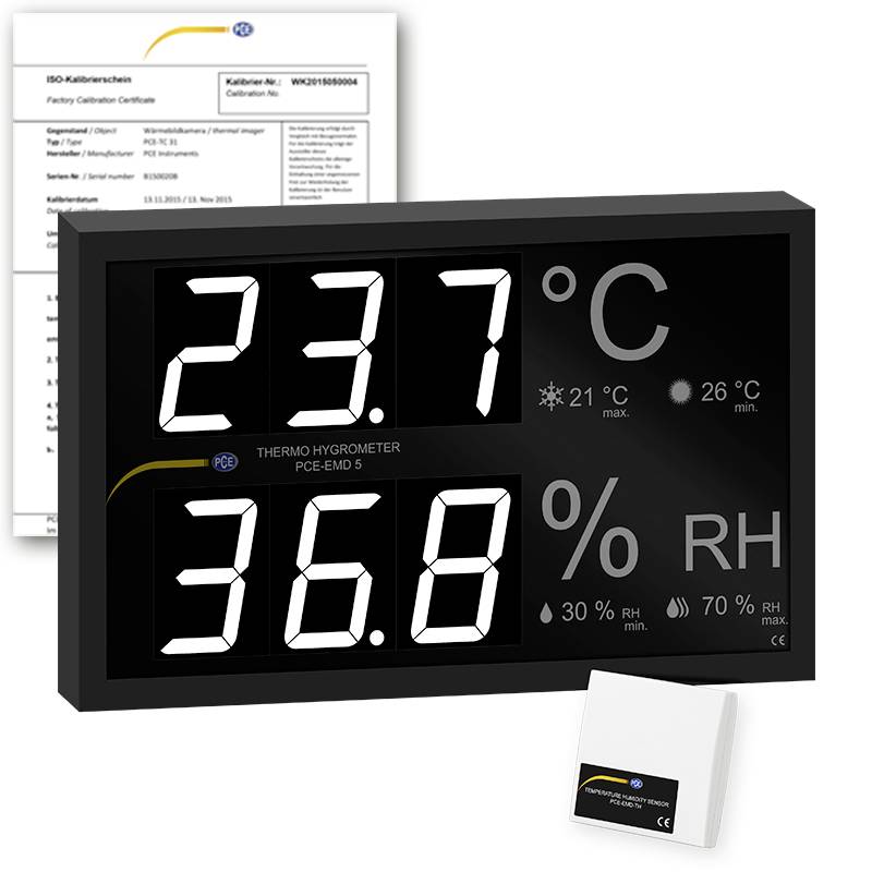 Digital termohygrometer-display visar 23,7°C och 36,8% RH, med kalibreringscertifikat och sensorstillbehör i bakgrunden.