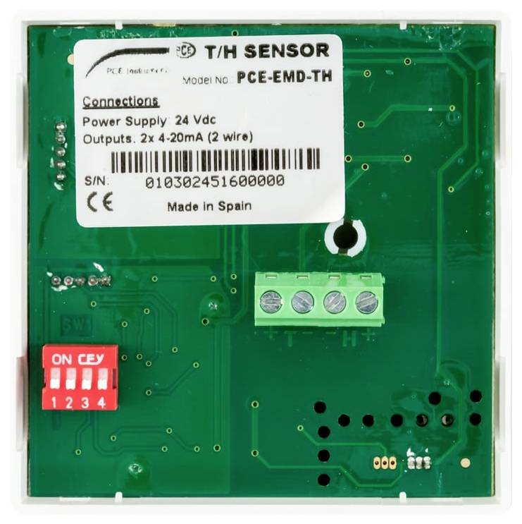 Kretskort för en T/H-sensor märkt "PCE-EMD-TH" med 24 VDC-strömförsörjning, 2x 4-20mA-utgångar, en terminalblock och en röd PÅ/AV-strömbrytare.