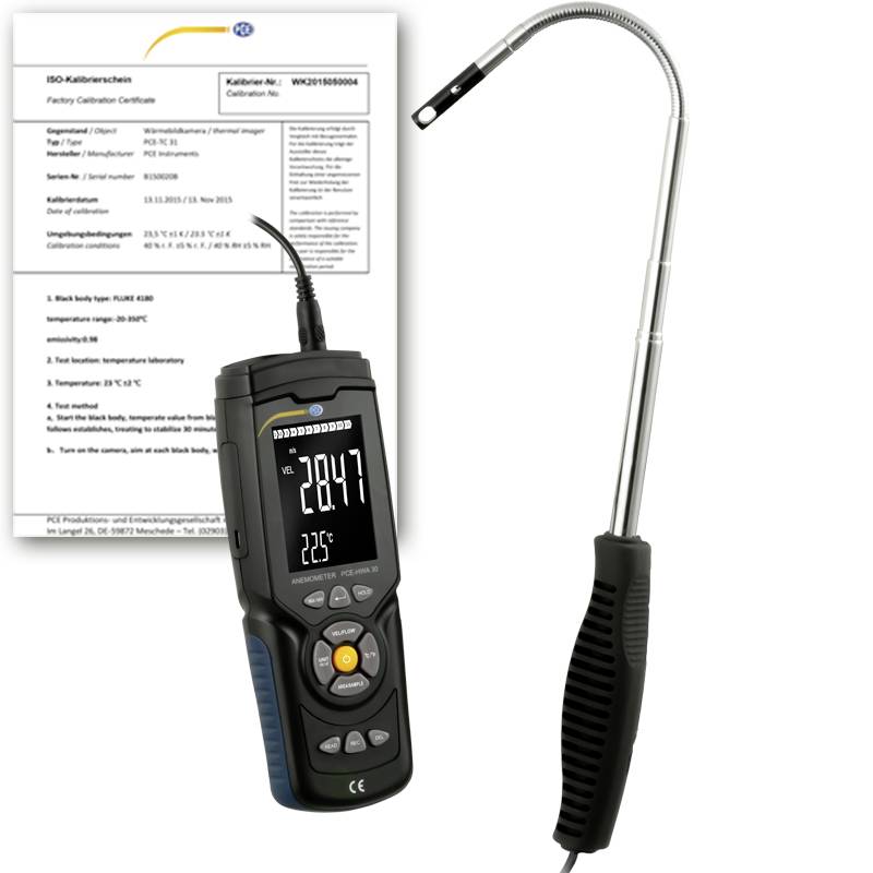 Digital handhalter termometerkaliber med kalibreringscertifikat, som visar en uppmätt temperatur på 28,47 och en sekundär avläsning på 22,5°C